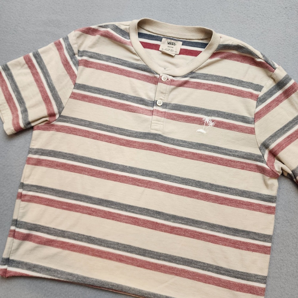 Vans Mens Medium Striped Henley Shirt Short Sleeve Palm Tree Logo Cream Red Navy